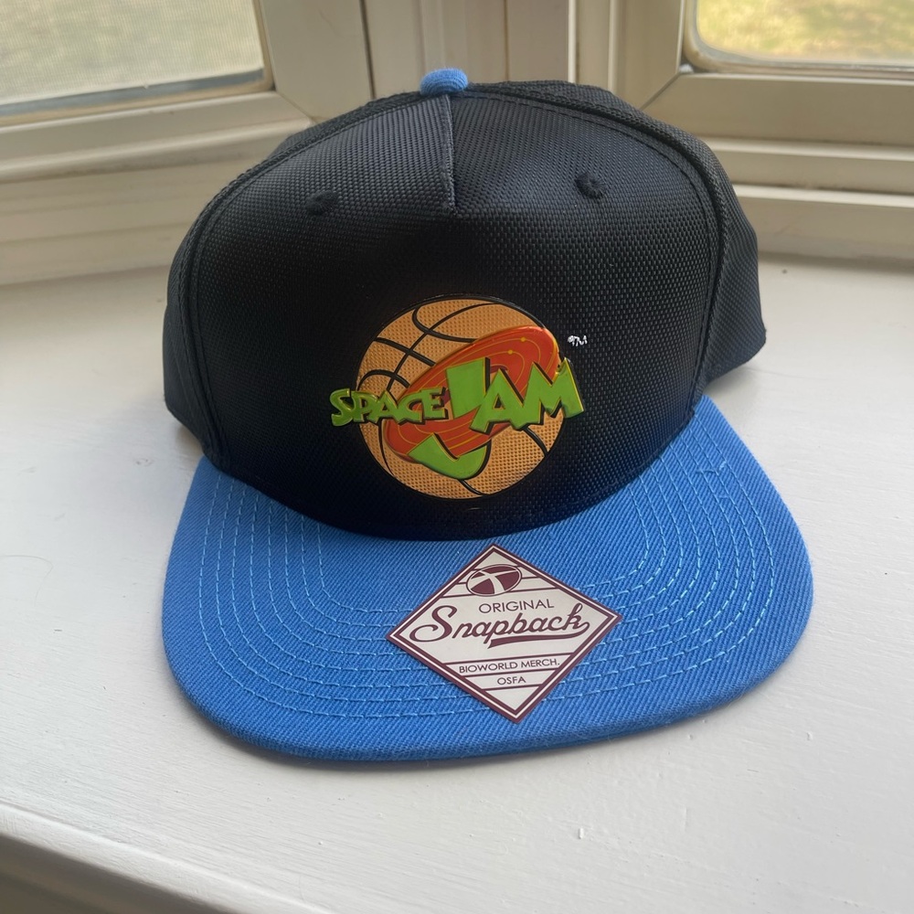 Vintage Space Jam Tune Squad Script Snapback Baseball Hat Cap Black Blue